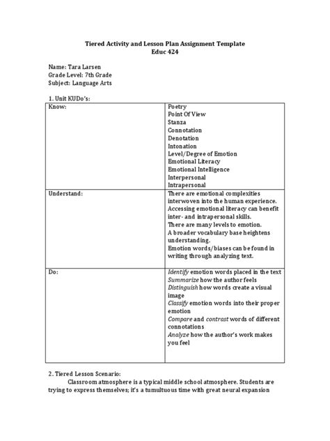 Tiered Activity And Lesson Plan Assignment Template Emotions Self