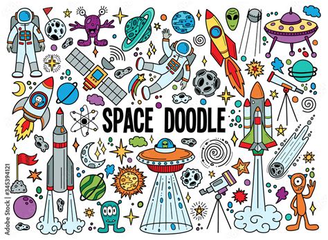 Hand Drawn Doodles Cartoon Set Of Space Objects And Symbols Color