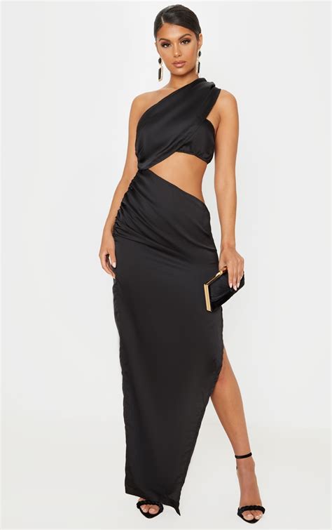 Black One Shoulder Cut Out Satin Maxi Dress Prettylittlething Usa