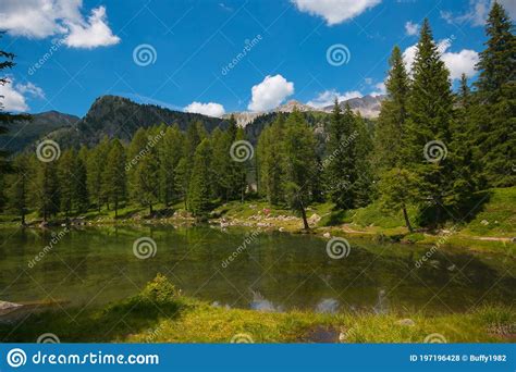 Idyllic Lake In The Pass Of San Pellegrino Val Di Fassa View Of