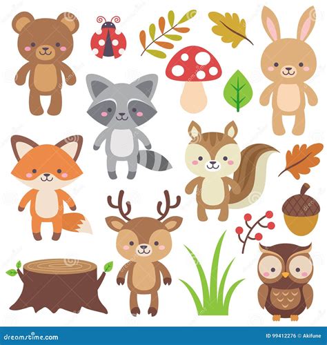 Cute Woodland Animals Clip Art Elements Vector Set Illustration Of