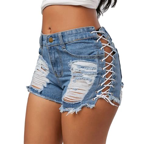 Hot Summer Denim Shorts Women Denim Solid Lacing Hole Short Feminino Sexy Bandage Jeans Shorts