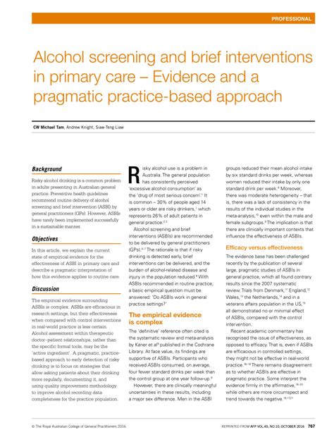 Pdf Alcohol Screening And Brief Interventions In Primary Care