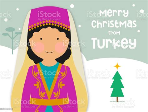 christmas greeting card traditional costume girl turkey stock illustration download image now