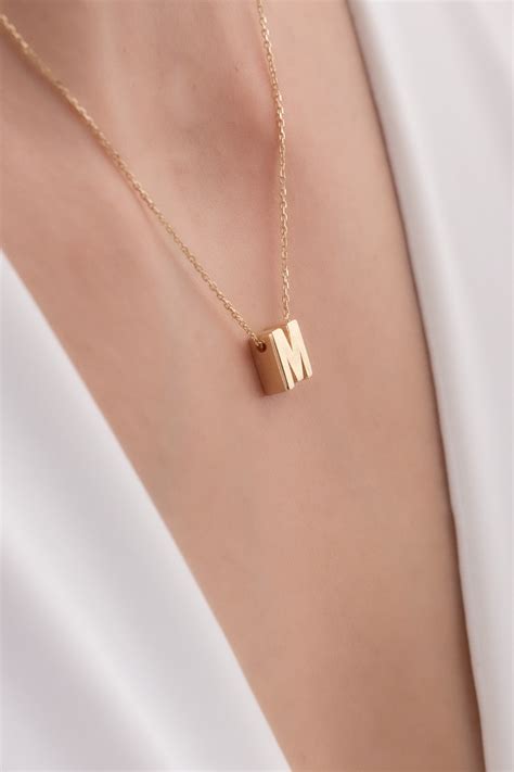Letter M Necklace Pendant 14k Solid Yellow Gold Etsy