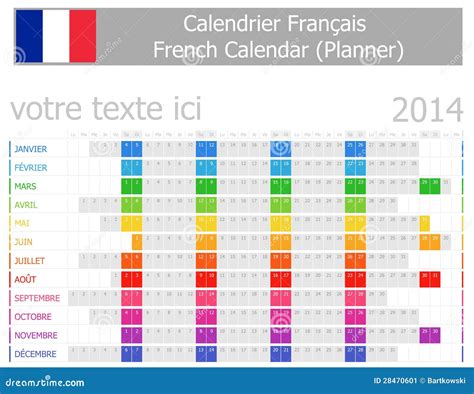 2014 French Planner Calendar With Horizontal Months Stock Vector