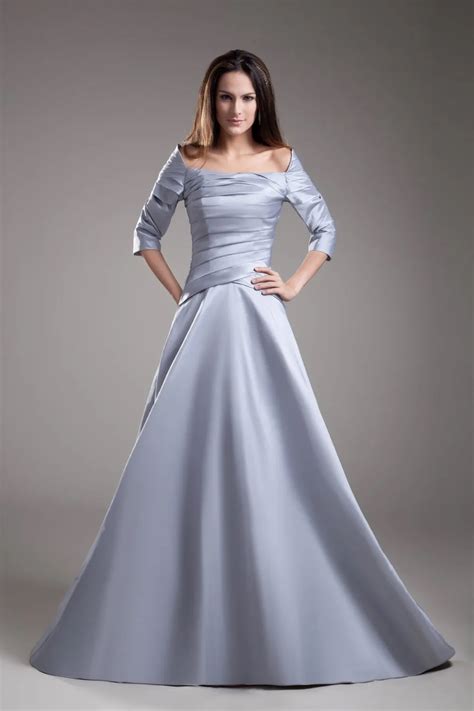 taffeta 3 4 sleeve a line boat neck pleat floor length evening dress robe de soiree in evening