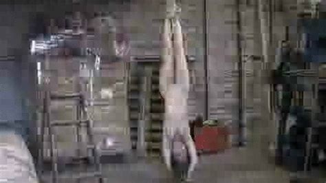 gina lorenz hanging upside down nude and barefoot industrial rope bondage nichefetish