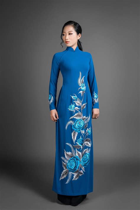Ao Dai Vietnam Traditional Dress Blue Silk Long Dress With Stunning Embroidered Rose Motif