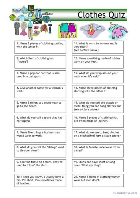 quiz clothes english esl worksheets pdf and doc