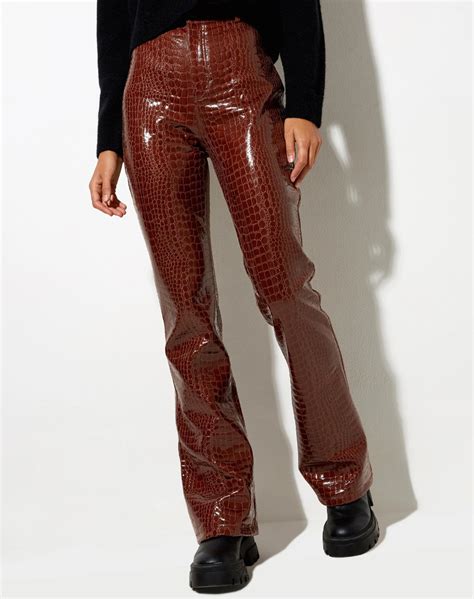 Zoven Flare Trouser In Croc Pu Brown Flare Trousers Trousers Flares