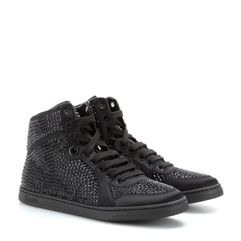 Gucci Crystal Embellished Satin High Top Sneakers In Black