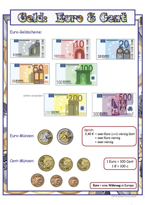 Dieser kalender 2021 entspricht der unten gezeigten grafik, also kalender mit kalenderwochen und feiertagen, enthält aber. Geld: Euro & Cent_ Lernposter Arbeitsblatt - Kostenlose ...