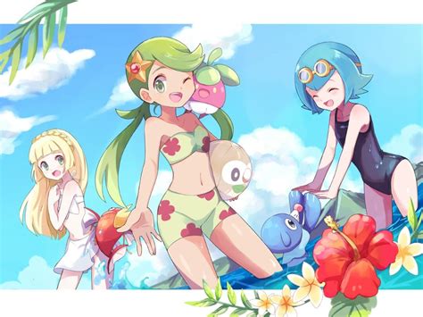 Lillie Mallow And Nereida With Magikarp Rowlet And Popplio Anime Pokemon Pokemon Moon And Sun