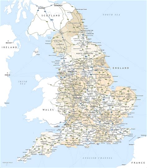 England Map With Roads Counties Towns Maproom