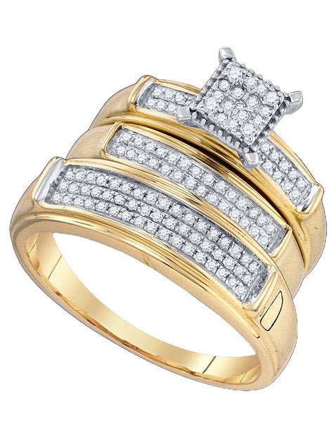 10kt Yellow Gold His And Hers Round Diamond Cluster Matching Bridal Wedding Ring Band Set 38 Cttw
