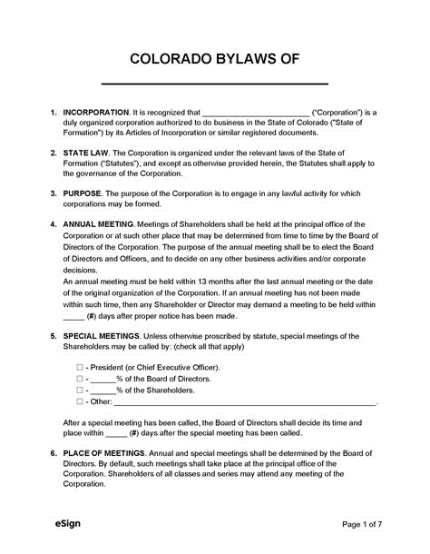 Free Colorado Corporate Bylaws Template Pdf Word