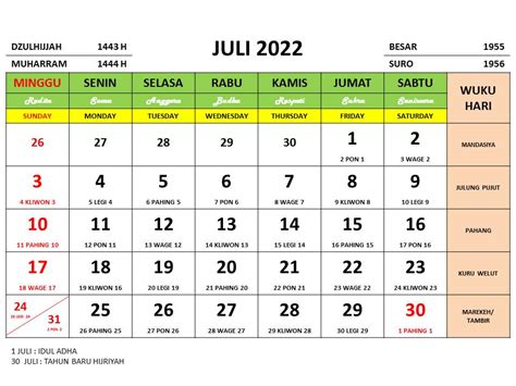 Kalender Jawa Juli 2022 Lengkap Dengan Weton Dan Hari Libur Nasional Images