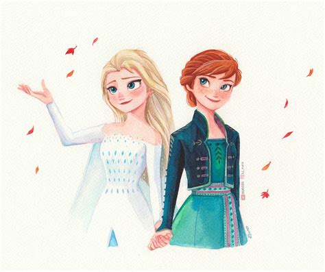 Anna And Elsa Watercolor Art Also Annas Outfit Is Really Beautiful