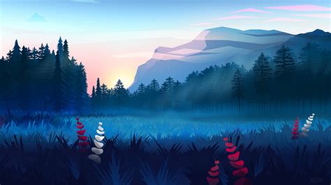 Digital Art Forest Sunrise Mountains Minimalist Minimalism Simple