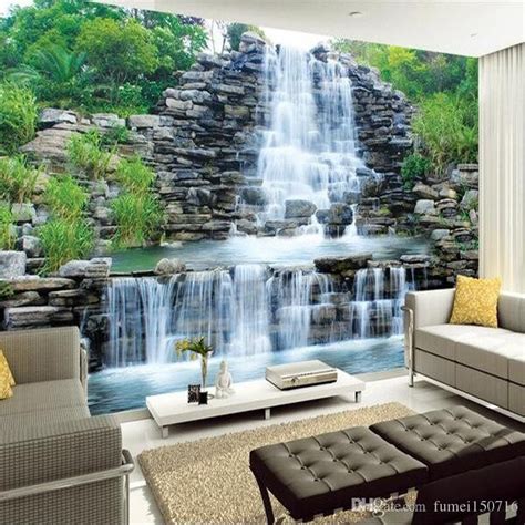 A Living Room With A Waterfall Wall Mural