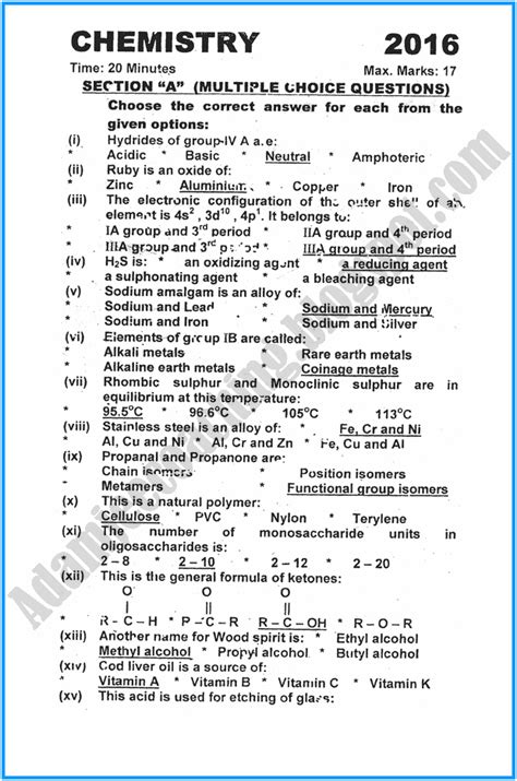 Select the examination below for the available past papers, syllabus and resources (updated each year). Adamjee Coaching: XII Chemistry - Past Year Paper - 2016