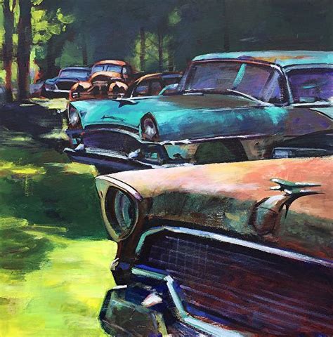 Large Acrylic Wrap Painting Of Classic American Cars Vibrant Greens
