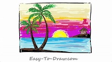 How to draw a cartoon Seaside Sunset with Coconut Trees step by step ...