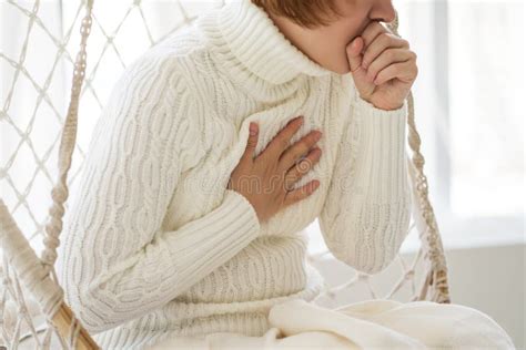 Sore Throat And Cough Woman With Pain In Neck At Home Stock Image