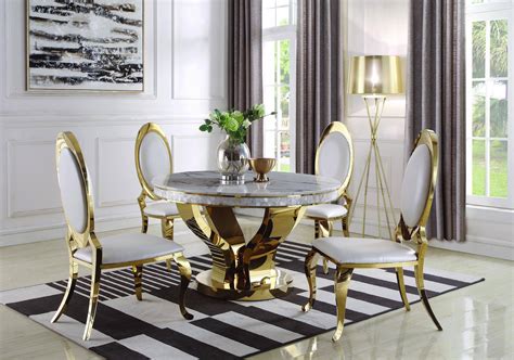 The contrast of bright white paint against warm oak creates a sophisticated, timeless look to complement any décor and we offer a range of oak and white painted dining sets in a variety of styles and sizes to suit any budget. Modern Gold,White,Gray Metal,Stone Dining table Kendall by ...