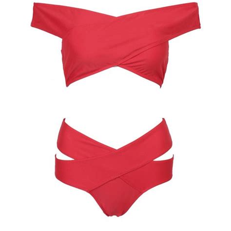 Red Off Shoulder Cross Wrap Bikini Top And High Waist Bottom Wrap
