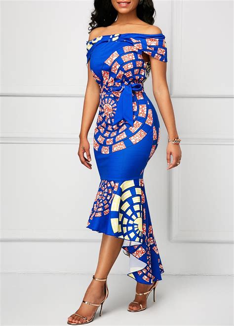Belted Off The Shoulder Printed Mermaid Dress Usd 4026 Latest African Fashion