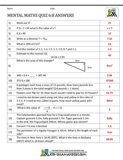 Mental Maths Tests Year 6 Worksheets