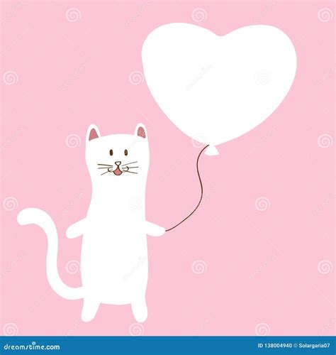 White Cat Holding Balloon Cartoon Flat Vector Design Stock Vector