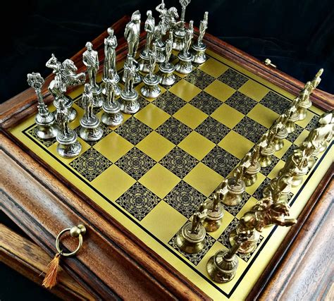Italian Brass Stainless Steel Chess Set Chess Board Game Pieces Wooden