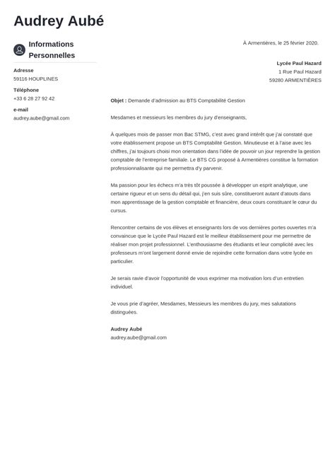 Exemple lettre de motivation BTS projet motivé Parcoursup