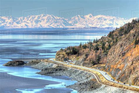 View Overlooking Traffic On The Seward Highway Along Turnagain Arm With