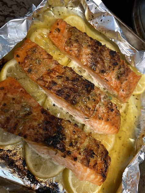 Spread a thin layer of mustard on the top of each fillet, and season with salt and pepper. Garlic-Butter Baked Salmon = The Easiest Way To Feed A ...