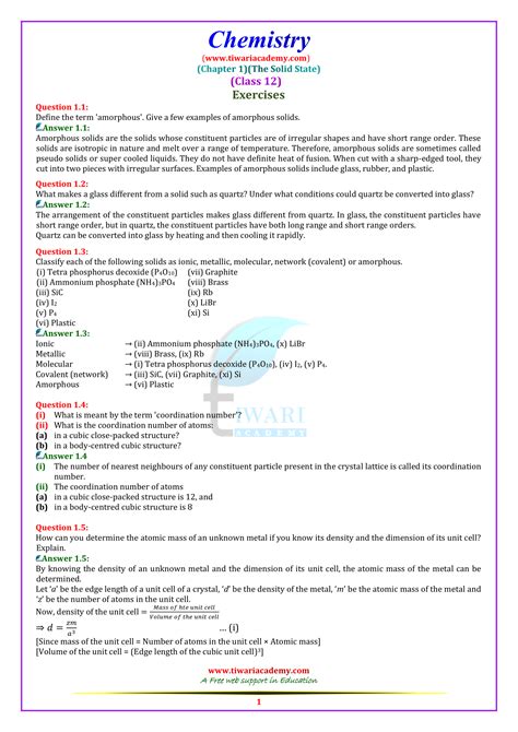 NCERT Solutions For Class 12 Chemistry Chapter 1 Solid State In PDF