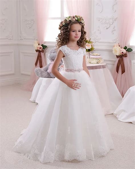 2017 hot white flower girl dresses for weddings lovely lace bow girls pageant dresses first