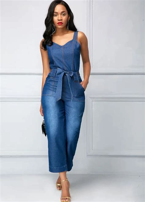 blue color sleeveless casual denim straight jumpsuit women v neck wide leg overall summer ladies
