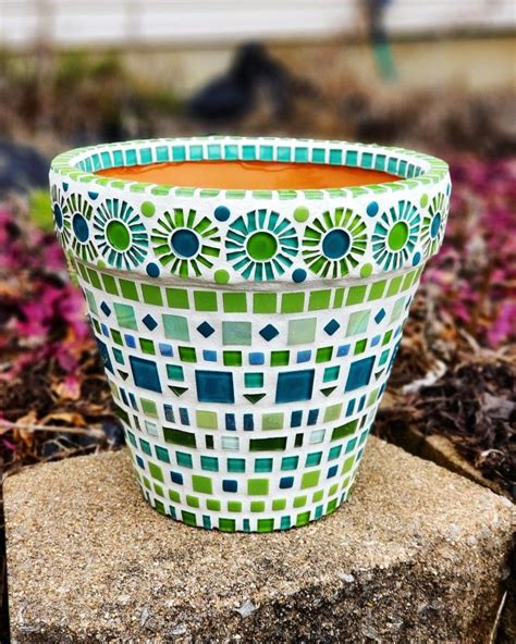 Mosaic Flower Pot Mosaic Garden Pot In Green And Teal Mosaic Flower