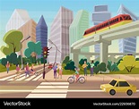 Modern urban cartoon city street with young people
