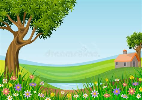 Landscape With Blue Sky Green Hills Trees And Flowers In The