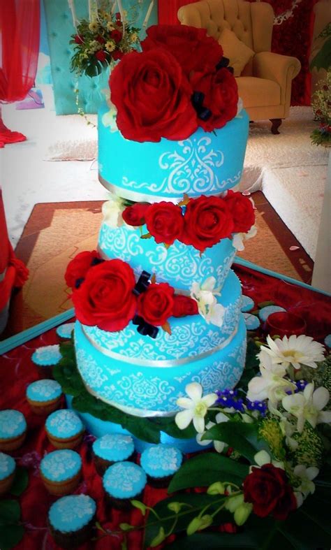 Tiffany Blue And Red Wedding Cake Damask Wedding Cake Wedding Cake Red