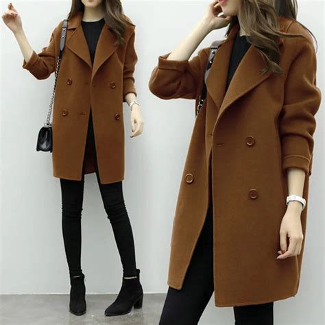 2019 New Thin Wool Blend Coat Women Long Sleeve Turn Down Collar