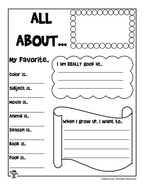 Free printable word family books for short vowels. All About Me Printable Worksheet - Woo! Jr. Kids Activities