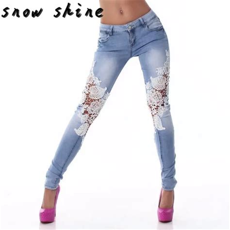 Snowshine 4503 Women Ladies Lace Stitching Jeans Skinny Pencil Pants Denim Trousers Free