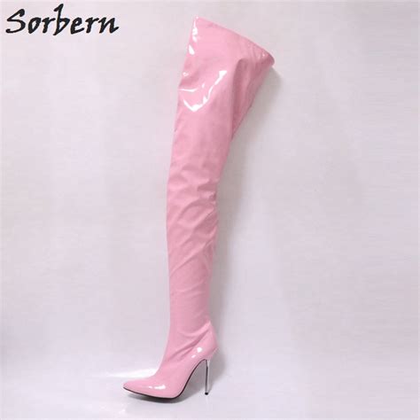Sorbern Pink Shiny Crotch Thigh High Boots Women Metal Stilettos Heels