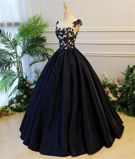 White is no longer the only color option for the wedding dress today. Princess Cap Sleeves Scoop Black Applique Satin Long Prom ...
